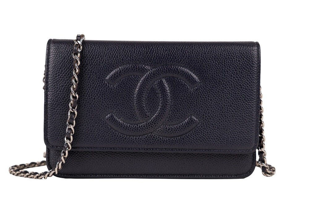 Chanel Blue Timeless CC Wallet on Chain Caviar Leather Silver Hardware